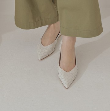 經典編織皮-羊皮尖頭平底鞋-白色