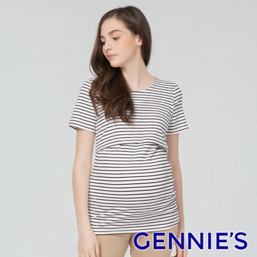 Gennies奇妮 上掀式彈力哺乳上衣(黑白條紋T3J13)