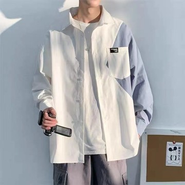 1號倉庫 長袖襯衫外套 防曬外套男 春秋季拼接長袖襯衫男日系潮牌百搭帥氣個性設計感襯衣外套上衣服 長袖上衣 薄外套男