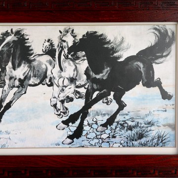 中式大號客廳水墨裝飾畫奔馬圖家用字畫辦公室背景墻木卷軸壁掛畫