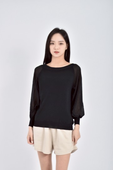 加購優惠(S) 質感紡紗袖黑色長袖上衣