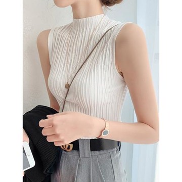夏季半高領白色冰絲針織背心女褶皺修身內搭打底吊帶外穿無袖上衣