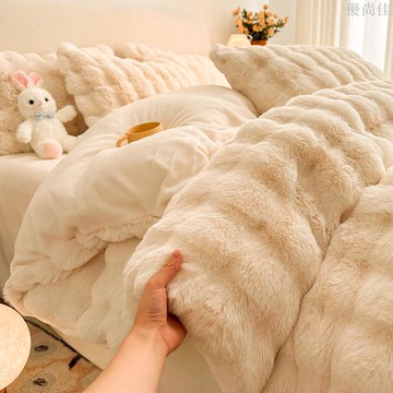 兔毛絨床上牛奶絨加絨四件套珊瑚絨雙面厚被套床單床笠2023冬季款