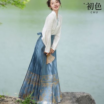 初色 中式素色長袖上衣/收腰綁帶百褶馬面裙長裙-共2款-32773(M-XL可選)