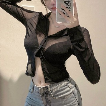 SISI【L23028】POLO領網紗襯衫翻領透膚性感辣妹長袖上衣T恤T-shirt單排釦