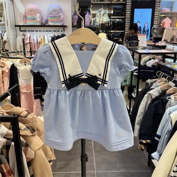 韓國童裝 24夏新款女童寶寶天藍色海軍領泡泡袖連衣裙 氣質公主裙