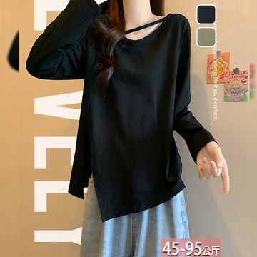 V領純色斜織帶不對稱大開衩上衣(2色) L-4XL【893047X】【現+預】☆流行前線☆
