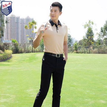 ZG6高爾夫服裝男裝夏短袖T恤翻領卡其色polo運動速干上衣黑色長褲