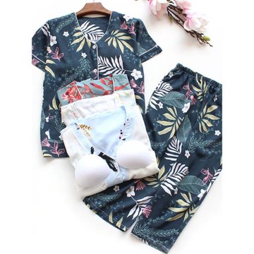 帶杯睡衣ins風女夏季綿綢胸墊短袖七分褲家居服  人棉免文胸2件套