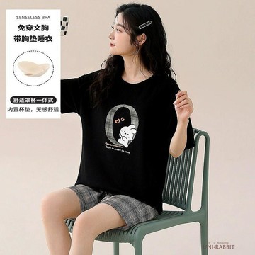 臺灣出貨 胸墊睡衣 睡衣女 涼感睡衣 夏季睡衣自帶胸墊一體睡衣女夏季新款套裝初夏天女士可愛家居服兩件套