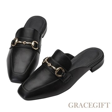 【Grace Gift】質感馬銜扣方頭穆勒鞋 黑