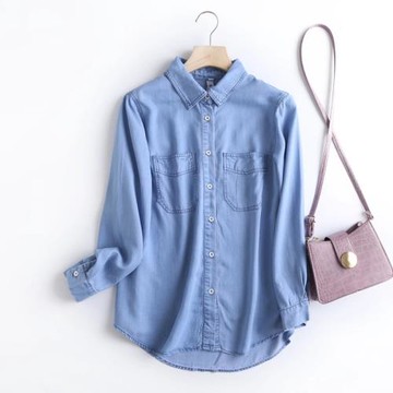 天絲牛仔襯衫女春秋新款寬松復古休閑百搭疊穿潮內外搭長袖女上衣