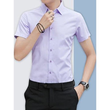 淺紫色襯衫男短袖夏季薄款純色職業裝補衫衣半袖修身大碼襯衣土寸