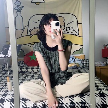 法式木耳邊格紋短袖襯衫女夏季新款設計感落肩無袖上衣