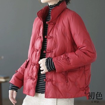 初色 新中式純色中國盤扣口袋保暖科技保暖纖維鋪棉外套女外套-共3色-39059(M-2XL可選)