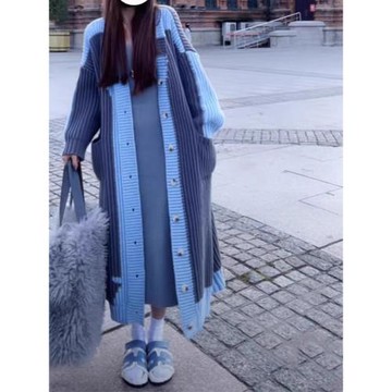 韓版時尚慵懶風中長款針織風衣開衫女裝新款春秋冬胖妹妹過膝外套