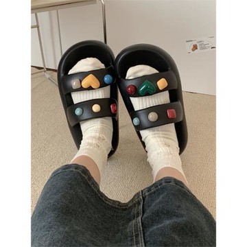 細細條 創意幾何愛心雙帶拖鞋女夏季踩屎感厚底防滑沙灘涼拖鞋ins