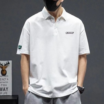韓系大尺碼白色Polo衫 簡約logo 休閒寬鬆五分袖上衣 oversize 男生短袖T恤 加肥加大尺碼 A09