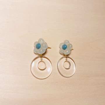 復古藍胖胖花透明圈圈耳環