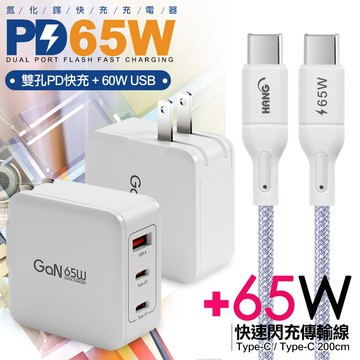 CB 65W GaN 氮化鎵 快速充電器-白+高密編織線Type-C to Type-C充電線-200cm-紫線