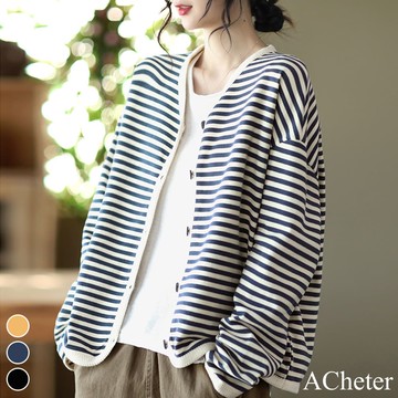 【ACheter】秋冬新品文藝條紋織帶包邊大碼長袖V領百搭寬鬆短版大外套# 113656(現貨+預購)