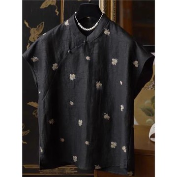 新中式提花短袖襯衫女夏季大碼寬松復古國風立領刺繡花朵斜襟上衣