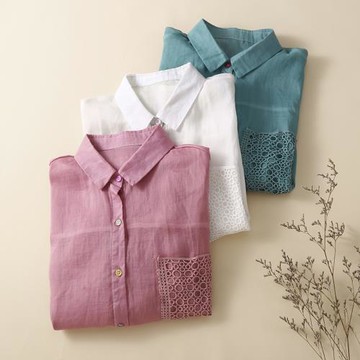 口袋棉麻短袖襯衫女夏純色休閑下擺抽繩亞麻POLO領景色好質量