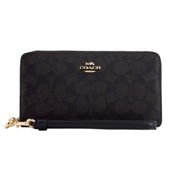 COACH 緹花logo拉鍊手掛式長夾(咖啡)