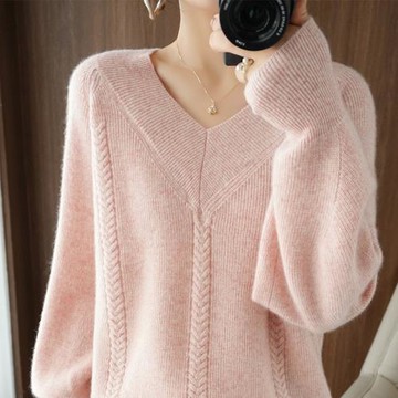 2025秋冬新款純羊毛女V領羊絨衫寬松顯瘦針織衫時尚百搭套頭毛衣