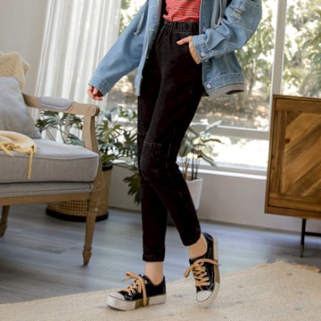 OB嚴選-高含棉牛仔拼布造型腰鬆緊哈倫長褲《BA6409-》(S)