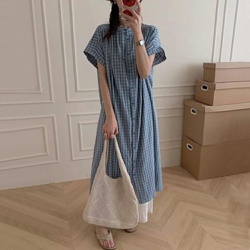 ＊ORead＊復古撞色藍格子連身裙(藍格M~2XL)【限定加碼✿全館滿額再折】