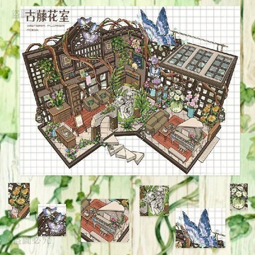 CP蠻高🦋【古藤花室】大號立體微縮場景 造景貼紙 DIY紓壓手帳貼畫  療癒小物 造景貼紙 微縮場景 手帳素材 6f37