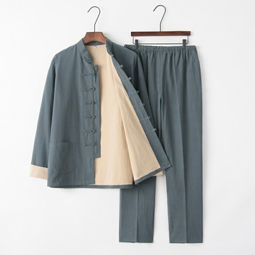 【巴黎精品】現貨+預購 新中式 唐裝漢服套裝兩件套-中國風長袖雙層棉麻長褲男套裝9色a1bx20