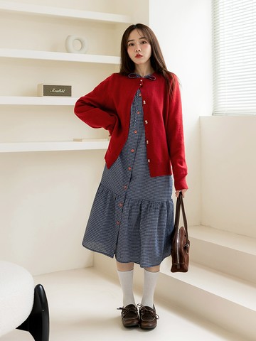 細格紋綁帶排釦蛋糕傘襬洋裝