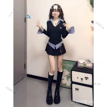 🎇可開發票✨格子春季拚接修身兩件套韓係純慾上衣超僊顯身材長袖套裝蓬蓬裙女#免運
