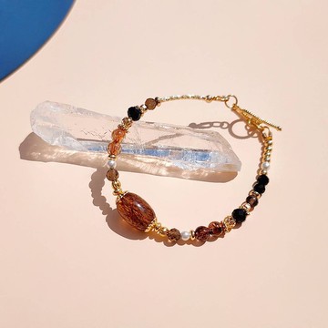 Saturn。黑金超七 銅髪晶 尖晶石 14K包金 水晶礦石設計手鍊