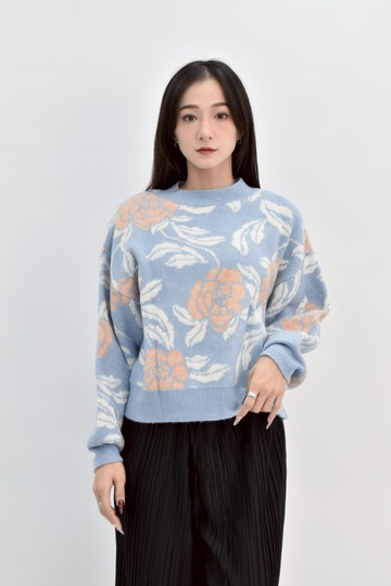 (F) mango質感針織花紋長袖寬鬆藍色毛衣