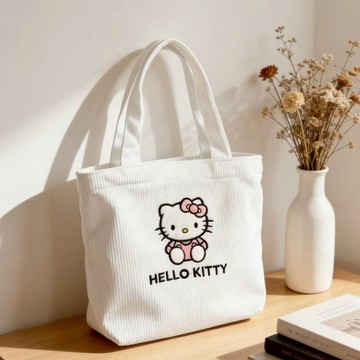 kitty手提包 美拉德風燈芯絨kitty包包 可愛包包 kitty托特包 小方包 燈芯絨手提包 單肩包 側背包 便當包