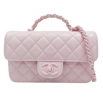 【二手名牌BRAND OFF】CHANEL 香奈兒 粉色 羊皮 MINI 手把 口蓋包 鍊帶 肩背包