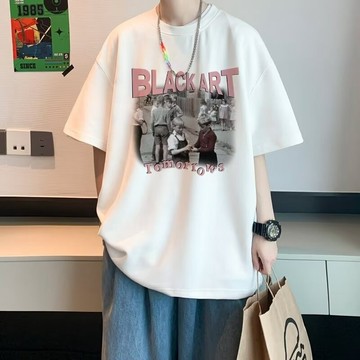 100%純棉 220g 寬鬆 休閒 美式 復古 短袖 T恤 男生潮牌 新款 五分袖 印花 簡約