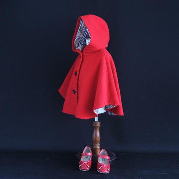 秋冬新款女童斗篷披風紅色毛呢黑色連帽兒童寶寶外套外出服