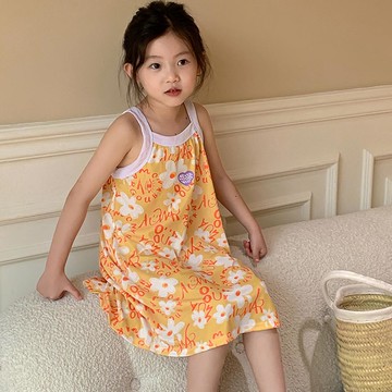 冰絲涼感連身睡裙/家居服-橘花朵