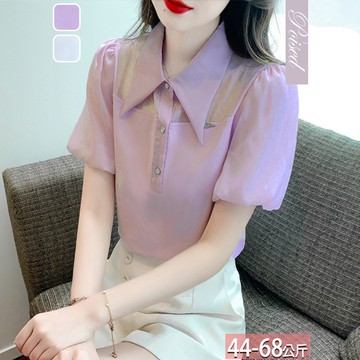 尖領單排釦墬飾拼接泡泡袖上衣(2色) M-2XL【922270X】【現+預】☆流行前線☆