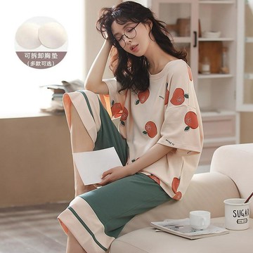 🥇臺北店/免運🥇帶胸墊睡衣女夏季純棉短袖七分褲加肥加大碼胖mm200斤家居服套裝Q5PE6