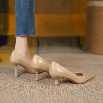 Diao'er 里外全皮～！性感細跟鞋真皮尖頭單鞋女鞋絕美裸色高跟鞋