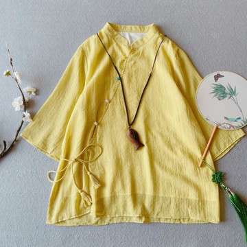 夏季肌理棉麻中國風文藝復古彩扣斜襟流蘇系帶襯衫寬松七分袖上衣