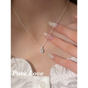 Pure Love樂芙 / 正韓 銀飾【S925純銀】N01133簡約通體純銀淺藍色水滴鋯石鎖骨鏈 短項鏈 / 銀