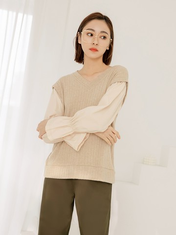 假兩件針織V領荷葉袖背心上衣