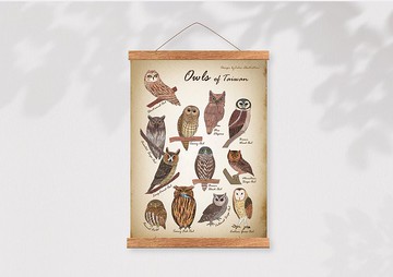 A3貓頭鷹插畫掛畫(含木頭掛軸)_全彩彩繪款