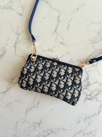 稀有中古二手Dior深藍色老花口金小餃子包單肩側背孭斜揹手袋